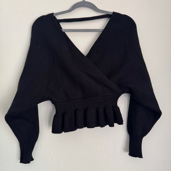 Saints + Secrets Faux Wrap Ribbed Sweater | Small | Black | Puff Sleeve & Ruffle - Picture 1 of 6